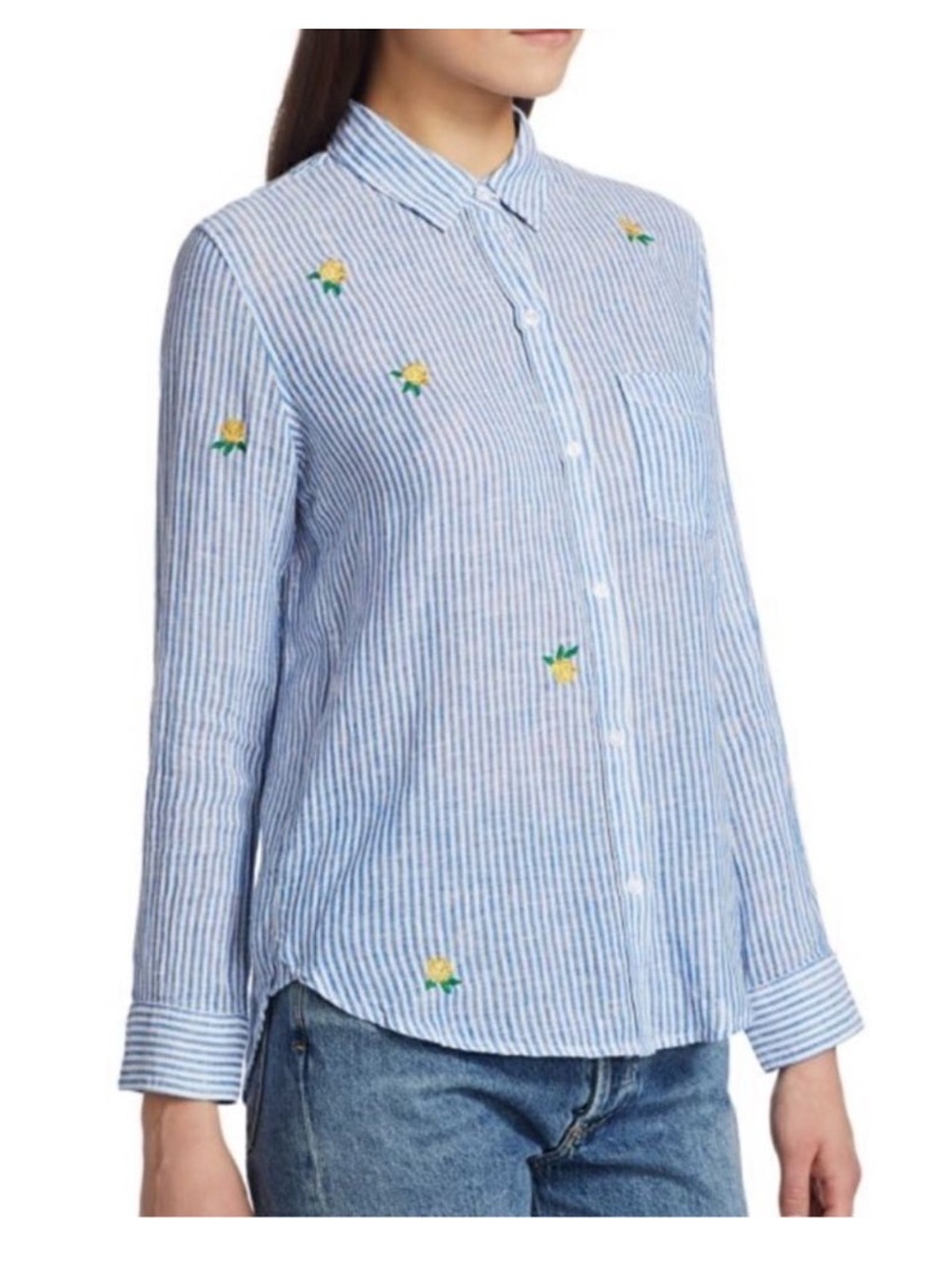 Rails L Charli Blue White Vertical Stripes Yellow Green Embroidered Roses Shirt - Picture 2 of 15
